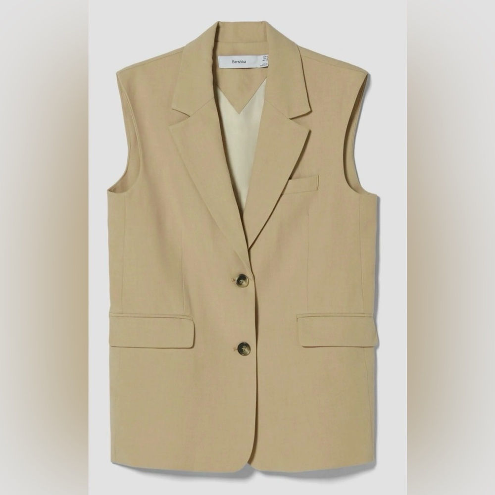 Bershka Waistcoat Sleeveless Blazer S Tan NWOT Tailored Career Modern Minimalist